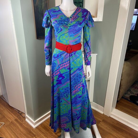 Vintage 70s Gay Gibson Psychedelic Ruffle Flutter Sleeve Maxi Dress Abstract S/M - Picture 14 of 15